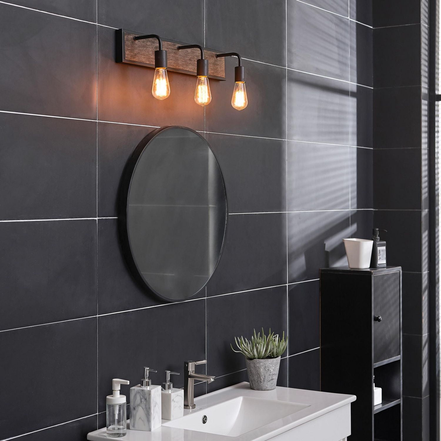 Globe Electric Auckland 5-Piece All-In-One Bathroom Set, Black, Faux Wood, 3-Light Vanity Light with Seeded Glass Shades, Towel Bar, Towel Ring, Robe Hook, Toilet Paper Holder, 51863