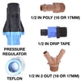 thumbnail image 4 of Universal Drip Irrigation Faucet Adapter Connector Kit: Connect Any 1/2 Inch Tubing to 3/4" Inch Faucet/Garden Hose - Includes 25PSI Pressure Regulator, Three Adapters & Teflon Tape, 4 of 4