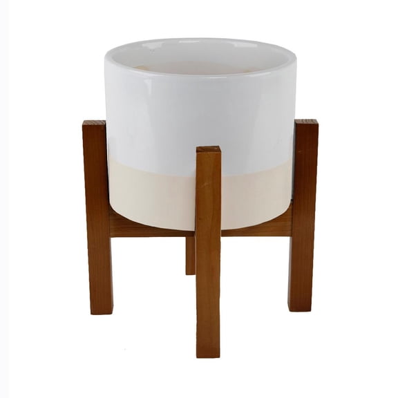 8 In. 2-Tone White Ceramic Pot On Wood Stand Mid-Century Planter