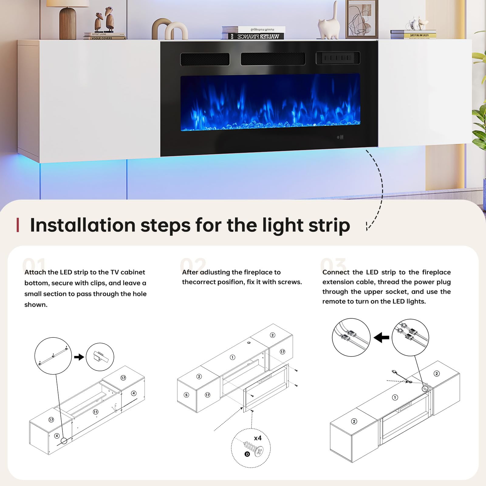 Easoger Floating TV Stand with 36" Electric Fireplace, Wall Mounted Fireplace Entertainment Center with Storage for TVs Up to 80", Adjustable Partition, Black/White (White TV Stand + Black Fireplace)