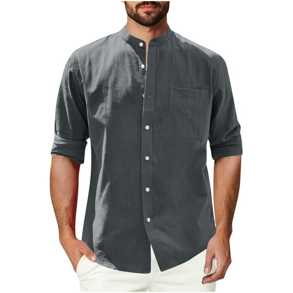 Ecqkame Mens Casual Tops Button Down Long Sleeve Cotton Beach Shirt Summer Fashionable Business Shirts with Pockets 01-Dark Gray M