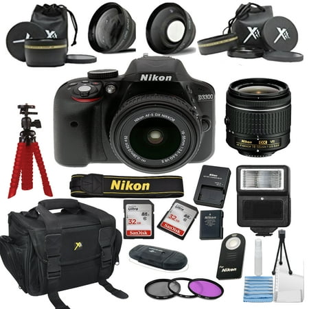 Nikon D3300 24.2 MP DSLR Camera + 18-55mm VR Lens Kit + Accessory Bundle + 2X 32GB Memory + Camera Gadget Bag + Wide Angle Lens + 2x Telephoto Lens + Flash + Remote + Tripod + Filters  +