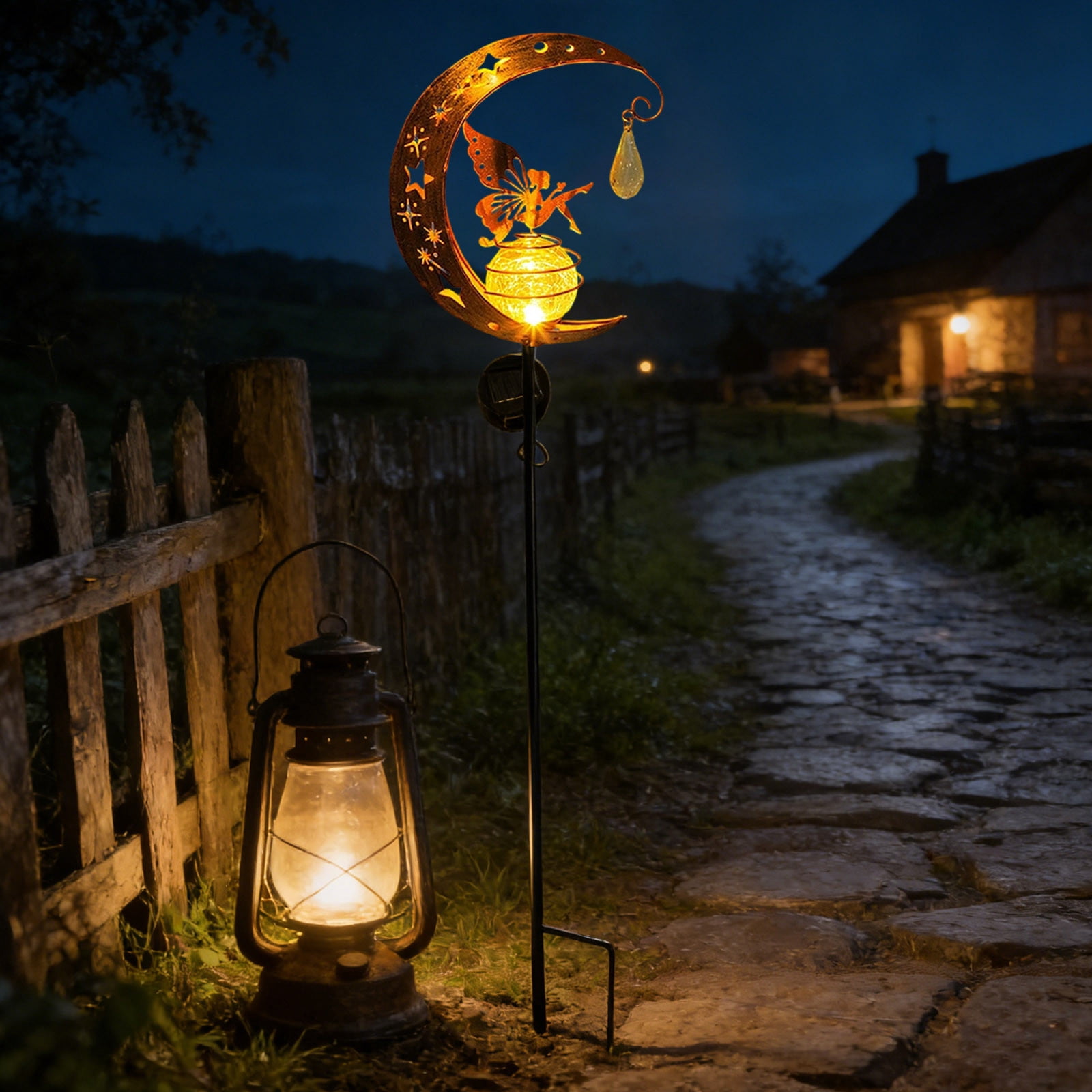 Solar Lights Garden Decorations Outdoor-Moon Fairy Lights with Crackle Glass Globe,Lawn Decorative Lights Waterproof Warm White LED, Decoration for Pathway Lawn Patio Courtyard Backyard(Moon Elf)