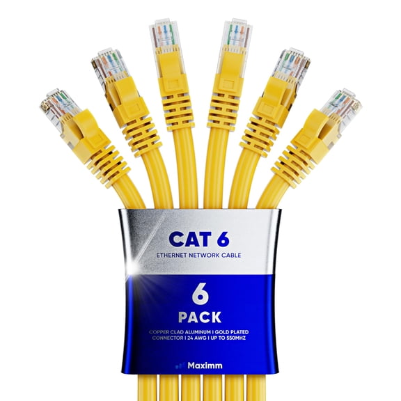 Maximm Cat6 Ethernet Cable 1.5 Ft, 6-Pack, Yellow - High Speed 10Gbps Snagless LAN Patch Cord