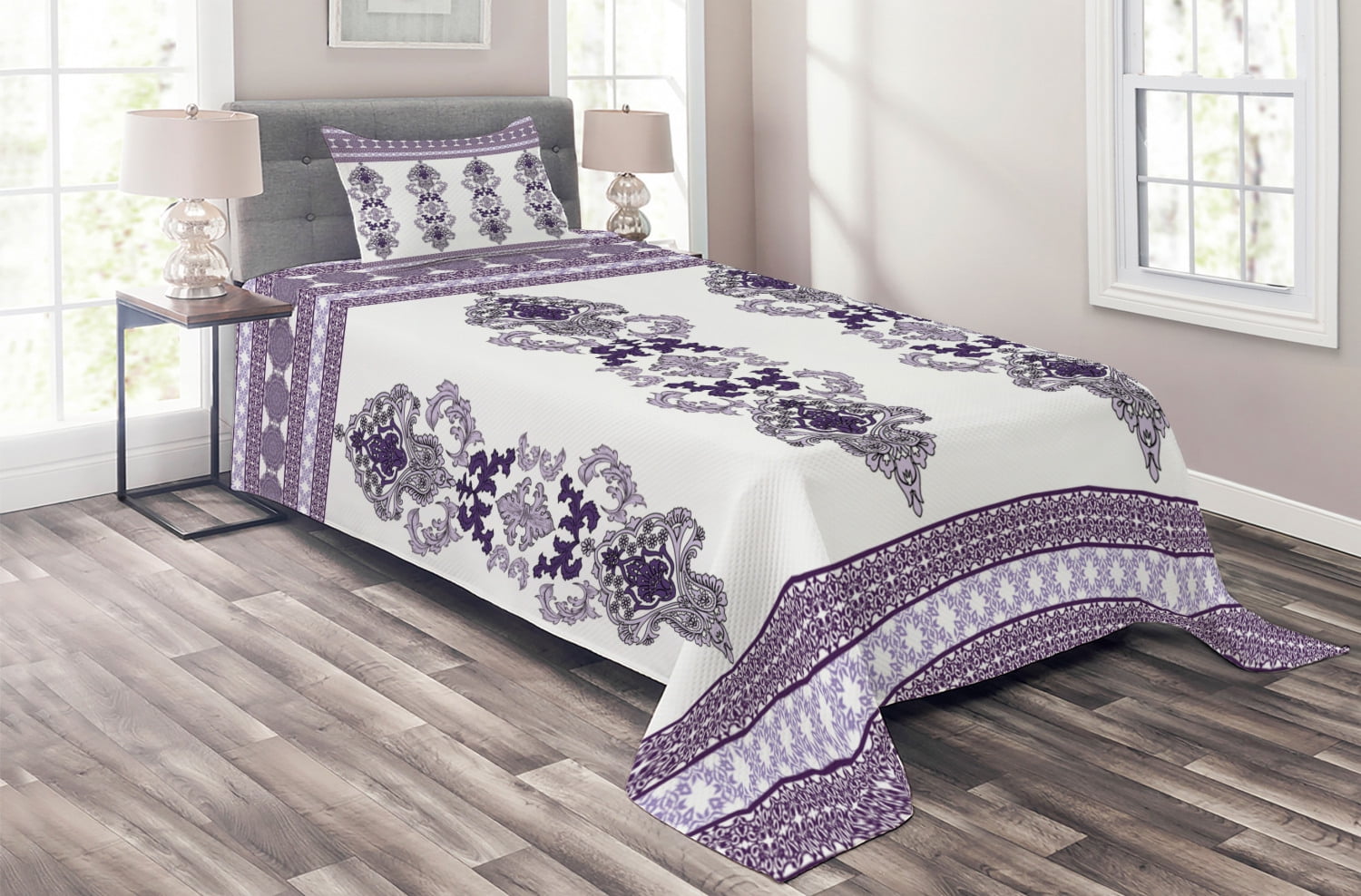 Damask Coverlet Set Twin Size, Traditional Middle Eastern Motifs