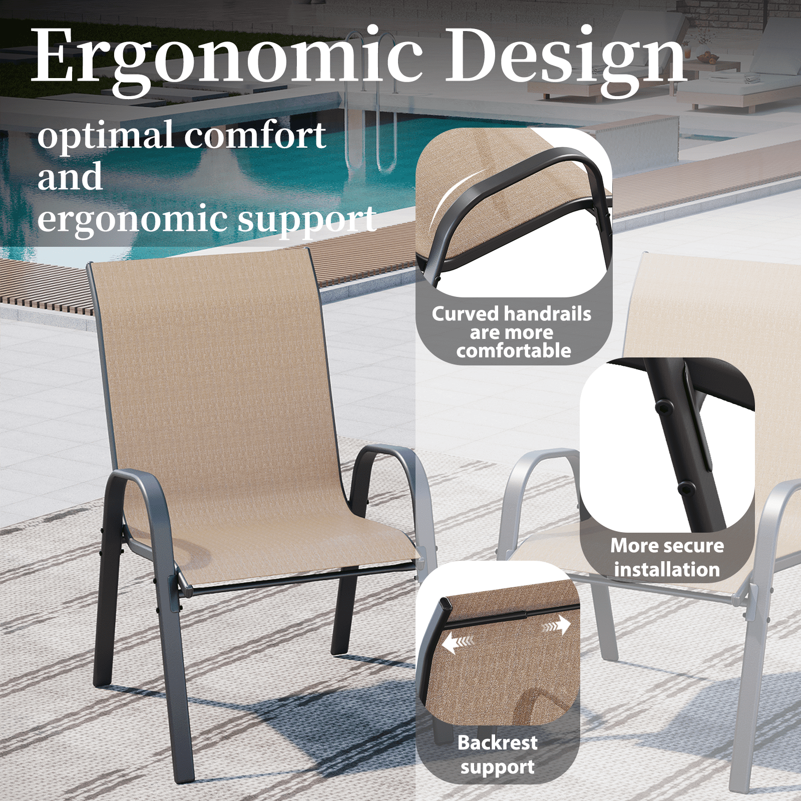 AMOPATIO Patio Chairs Set of 4, Outdoor Stackable Dining Chairs for All Weather, Breathable Garden Outdoor Furniture for Backyard Deck,Brown