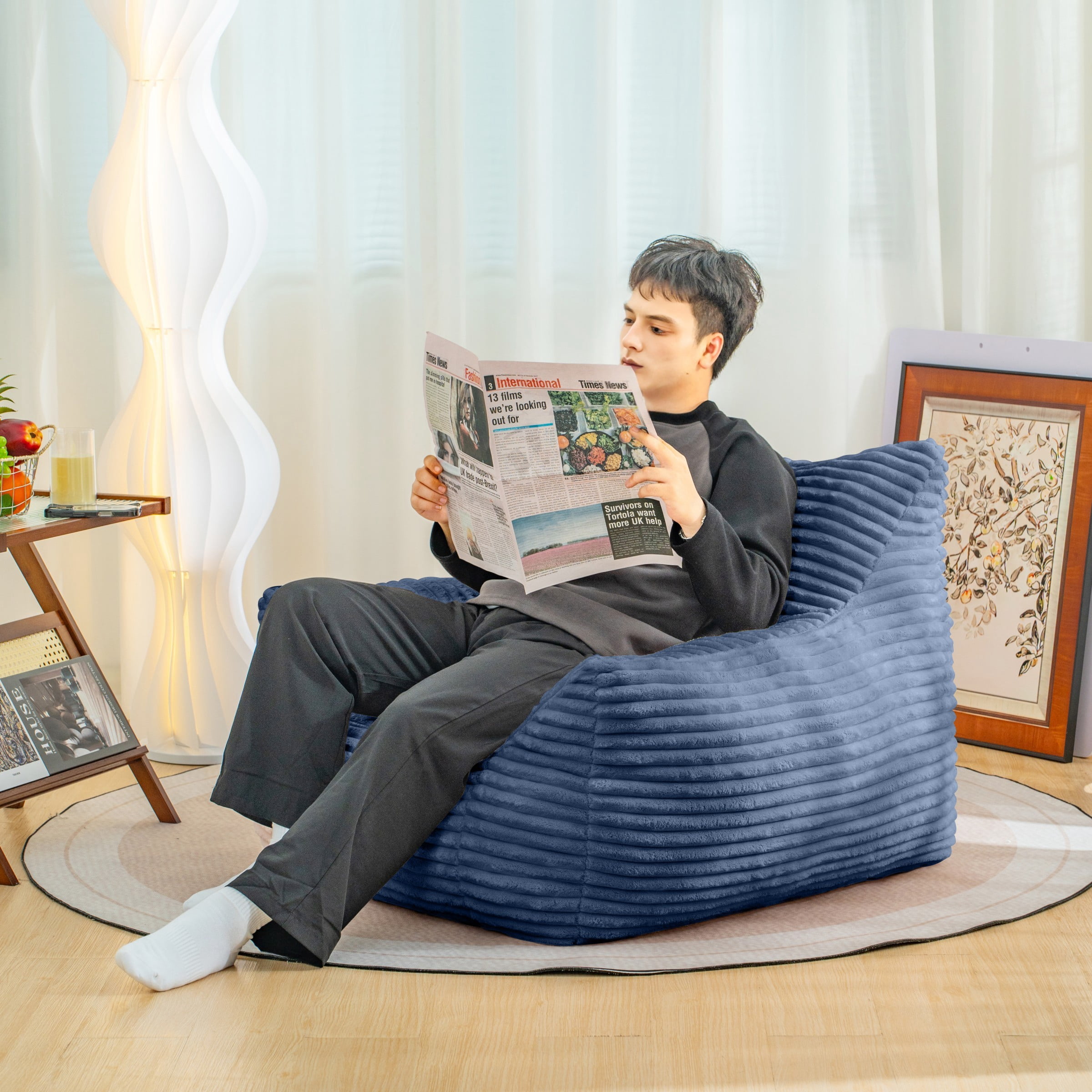 Oversized Bean Bag Chair for Adults with Armrests, Comfy Foam Lounge Sofa Chair for Living Room Bedroom Dorm, Blue