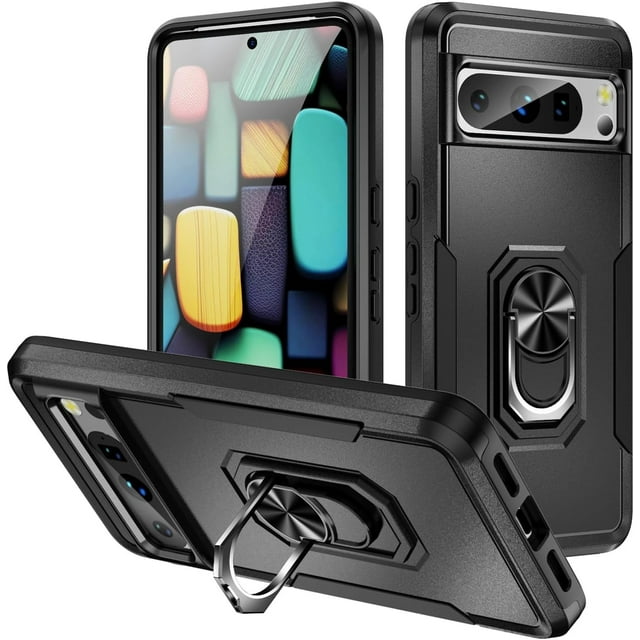 KOMI pour Google Pixel 8 Pro Étui avec Protecteur d'Écran, Béquille Anneau Réglable à 360° Intégrée, Protection Militaire Blindée Antichoc - Noir