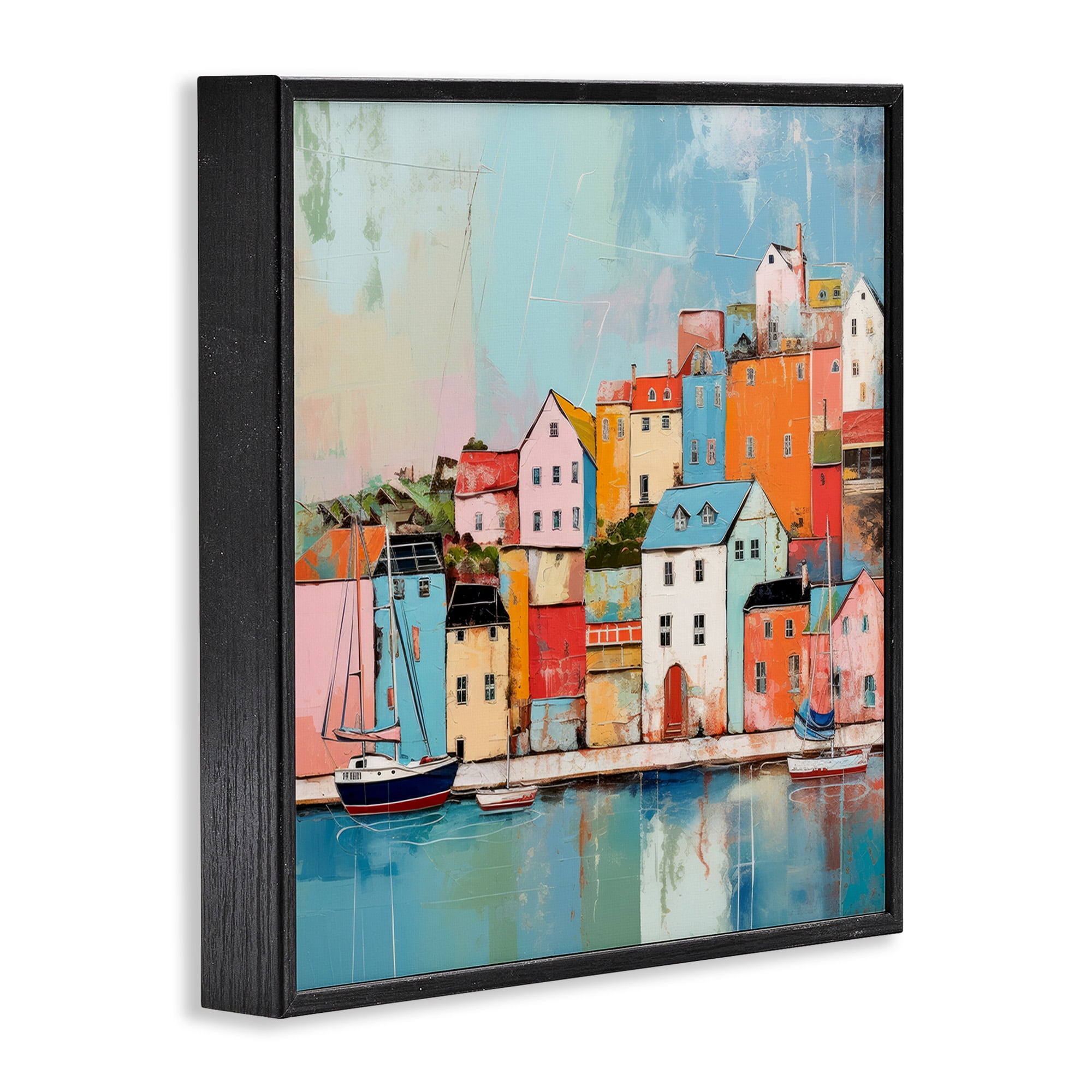 Stupell Industries Seaside Neighborhood Painting Transportation Painting Black Framed Art Print Wall Art, 24 x 24
