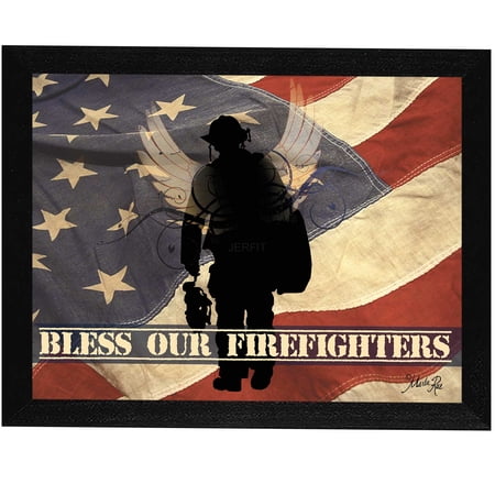JERFIT Bless Our Firefighters Framed Wall Art Multicolor Print on MDF Ready to Hang Fireman Tribute for Living Room Bedroom Office Decor