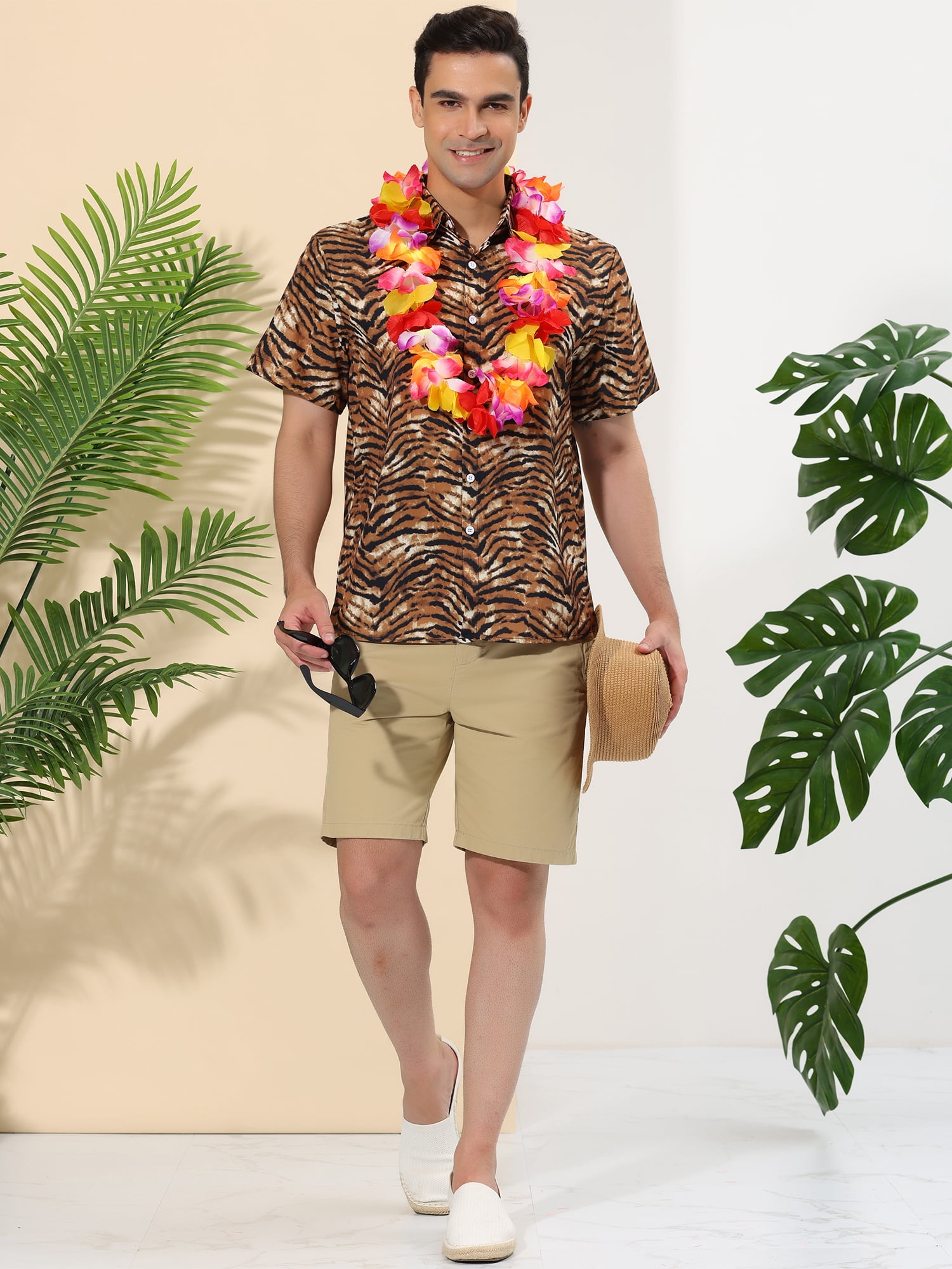 Unique Bargains Men's Animal Print Short Sleeves Casual Summer Printed Shirts S Tiger Print