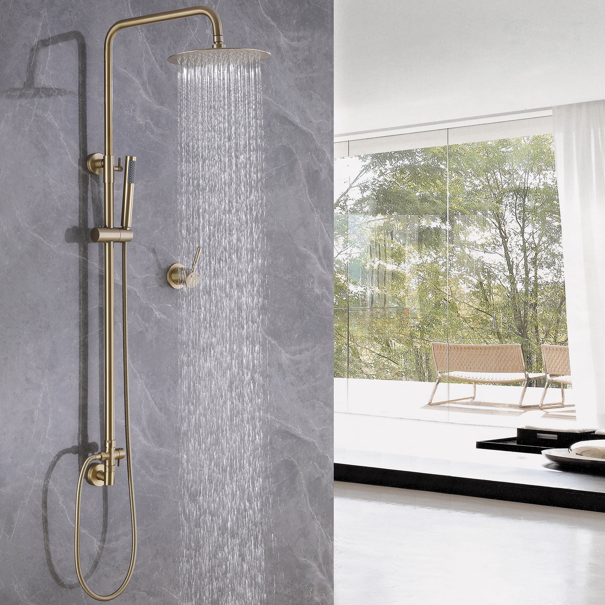 Brass Exposed Pipe Shower System, 10-inch Rainfall Shower Head with Handheld Shower Head with Rough-in Valve