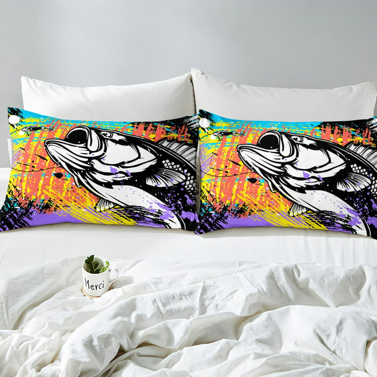Cartoon Bass Fish Comforter Cover Marine Animal Bed Sets for Kids Toddler,  Rainbow Splatters Duvet Cover Twin Hippie Street Graffiti Bedding Set,  Hunting and Fishing Bedspread Cover Soft 