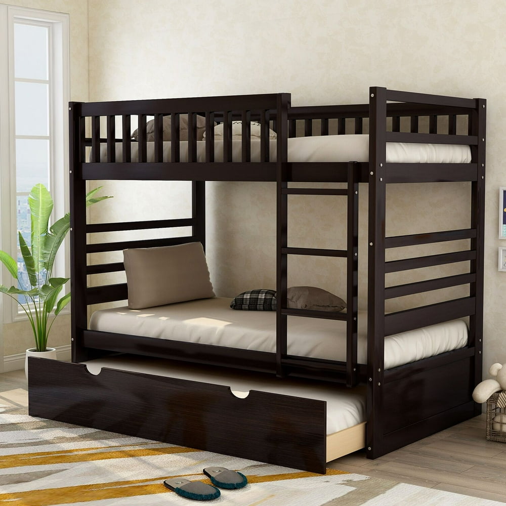 Merax Wood Bunk Bed, Twin Over Twin, with Trundle, Espresso Walmart