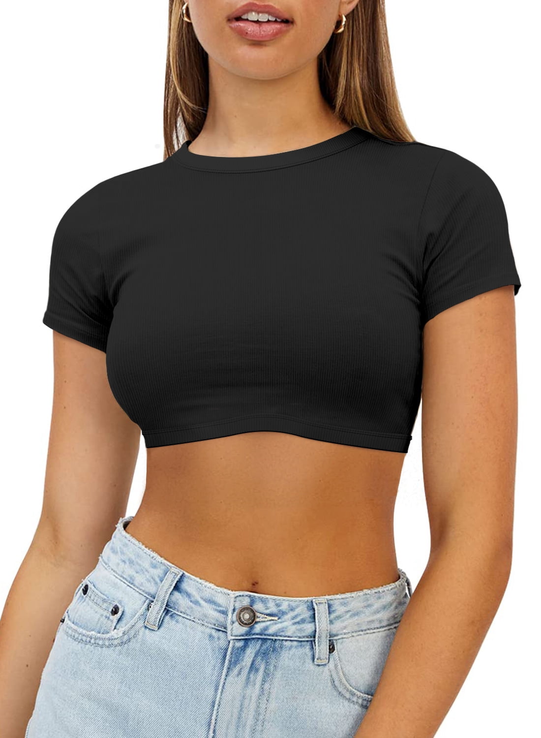 Vafful Womens Crop Tops Crewneck Y2K Summer T-Shirt Basic Short Sleeve Fitted Knit Ribbed Casual Blouse Cute Tee Shirt S-L