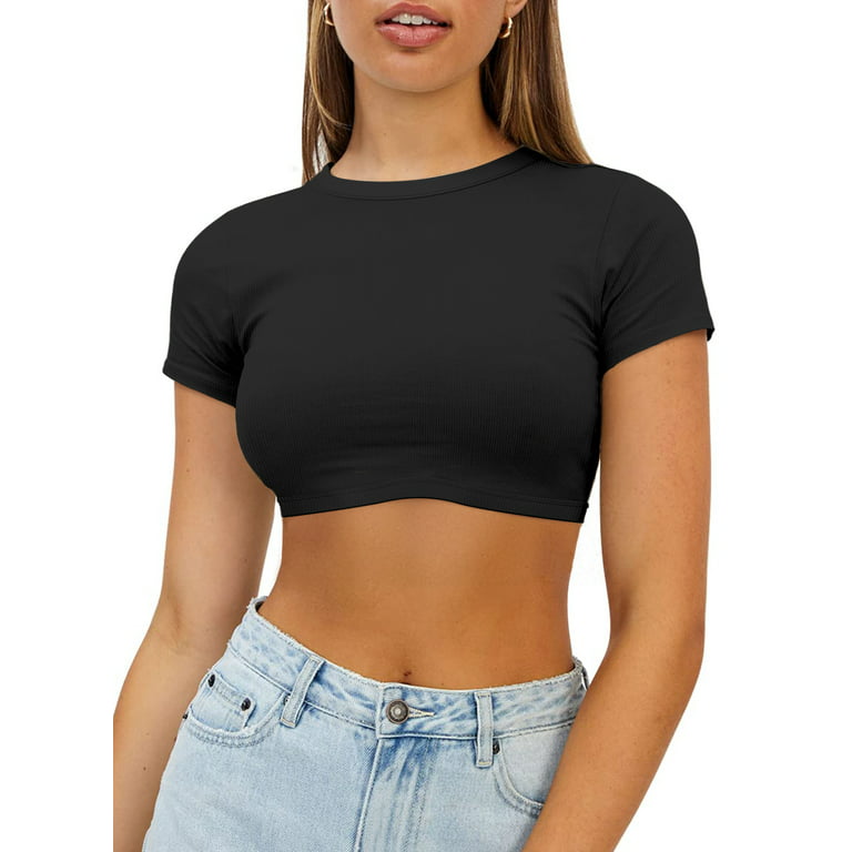 Vafful Crop Tops Sexy Trendy Basic Tight Scoop Neck Crop Short Sleeve Crop  Top for Women and Teen Girls Slim Fit Ribbed Stretchy Workout Shirts