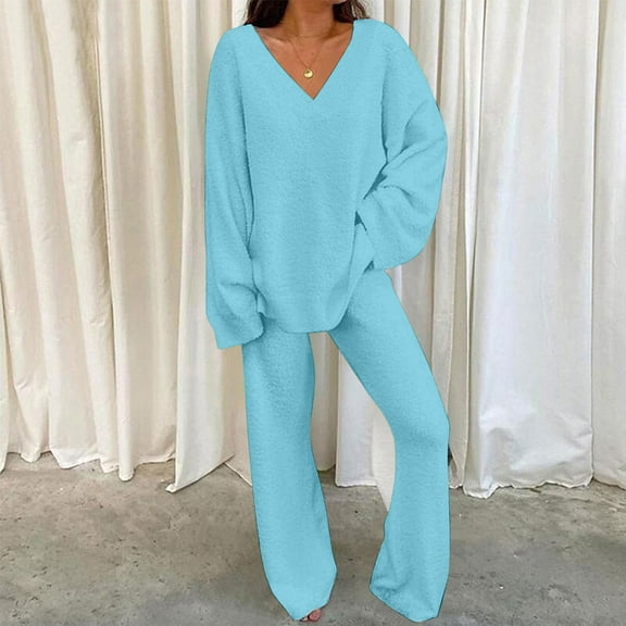 BONIXOOM Christmas Family Pajamas Matching Sets Pajamas For Women Sleepwear None Long Sleeve Solid Sleepwear Sets Light Blue M