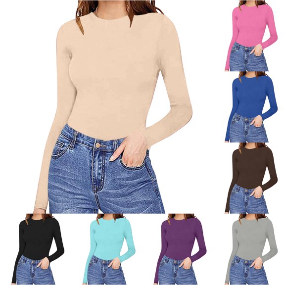 Wxolcjlv Women's Solid Long Sleeve Top Crew Neck Slim Fit Shirt Daily Casual Inner Blouse