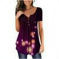 thumbnail image 1 of Femmes Tops Femmes Été Tops 2023 Femmes Mode V- Cou Floral Imprimé Tunique Tops Boutons Manches Courtes T-Shirt Violet L, 1 of 7