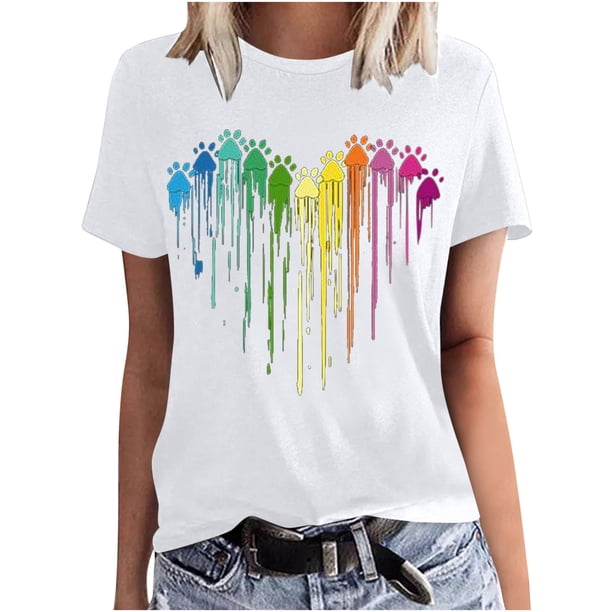 Camisetas de Manga Corta para las Mujeres Impresas Cuello Redondo Casual Camiseta, 95% Poliéster 5% Spandex Vintage Ligero Top para Diario, Fiesta Y Primavera