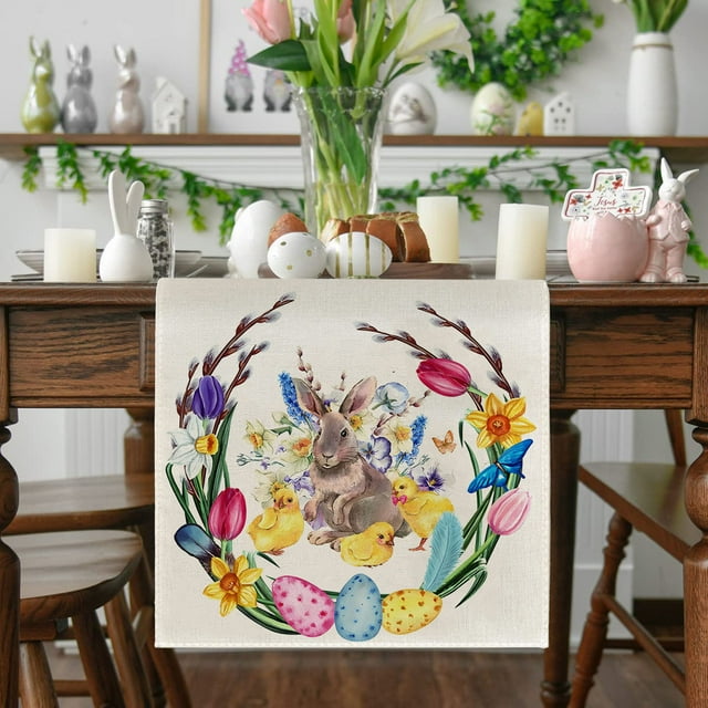 Cqxid Decorative Table Banner Under $5 Easter Table Flag Digital Printing Linen Table Mat Rabbit Eggs Party Adornment Tablecloth