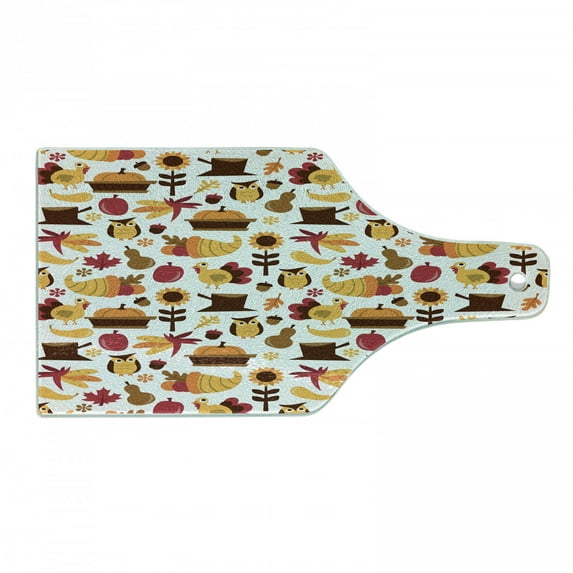 Harvest Cutting Board, Cartoon Fall Composition Nuts Maple Leaves Owls Roosters Pumpkins, Decorative Tempered Glass Cutting and Serving Board, Wine Bottle Shape, Orange Red Brown, by Ambesonne