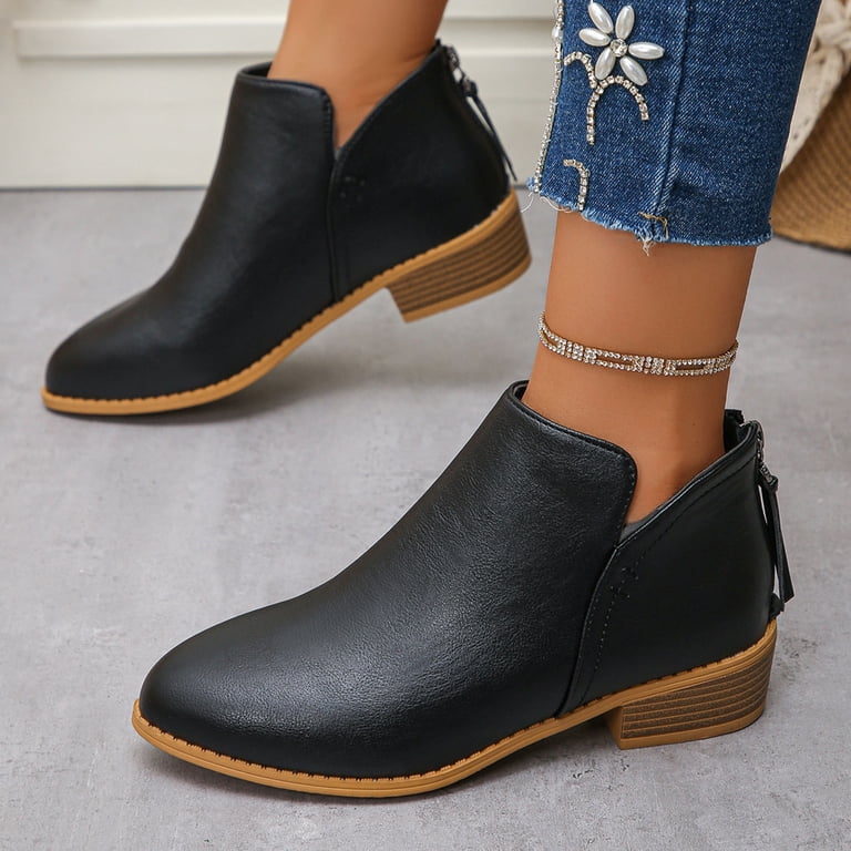 Women's Short Leather Ankle Boots, Solid Color Pointed Toe, Back Zipper, Thick Low Heel, Casual Spring Autumn Footwear Black,42