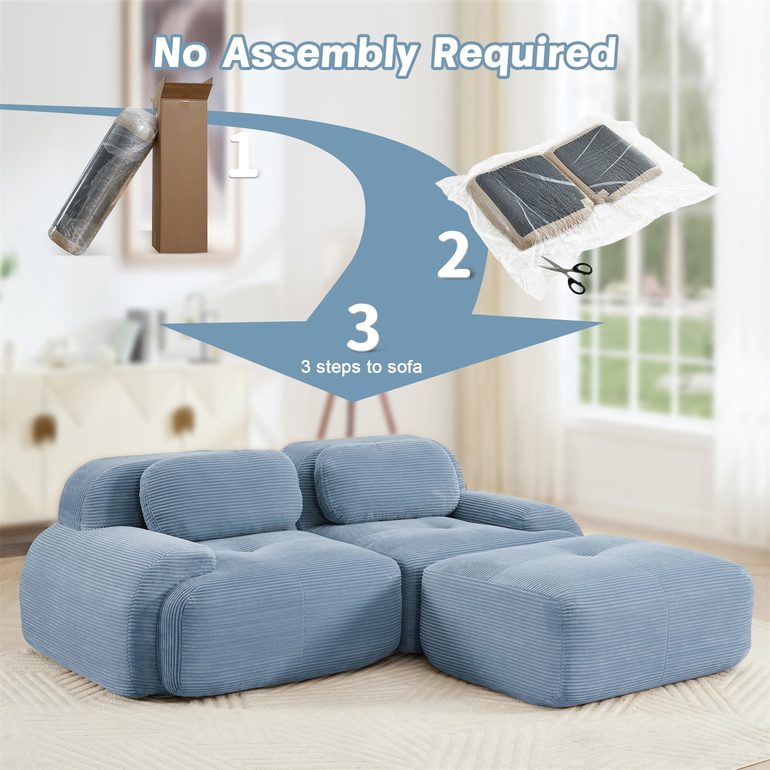 Hommoo 82" Luxury Corduroy Fabric Modular L-shaped Sofa, Multiple Combinations 2 Seater Sectional Sofa Couches with Curved Armrests, for Living Room Apartment, Blue