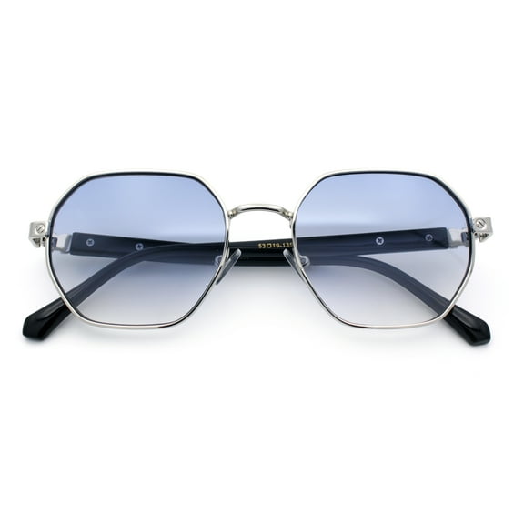 Luxury Gangster Octagonal Retro Refined Gentlemans Metal Rim Sunglasses Silver - Blue Clear