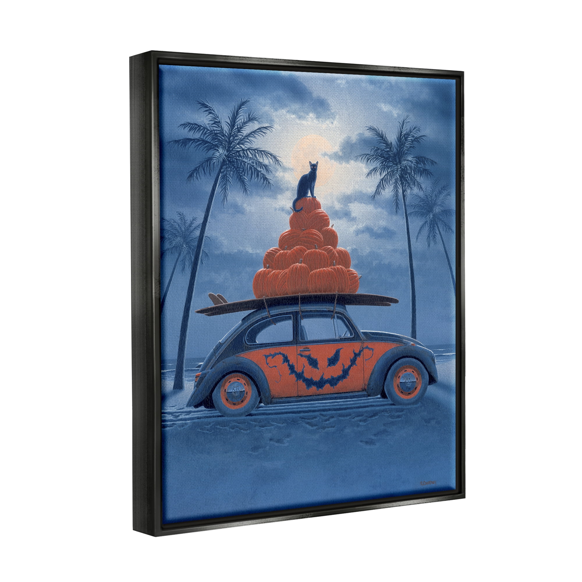 Stupell Industries Spooky Tropical Beach Pumpkin Car Holiday Painting Black Floater Framed Art Print Wall Art