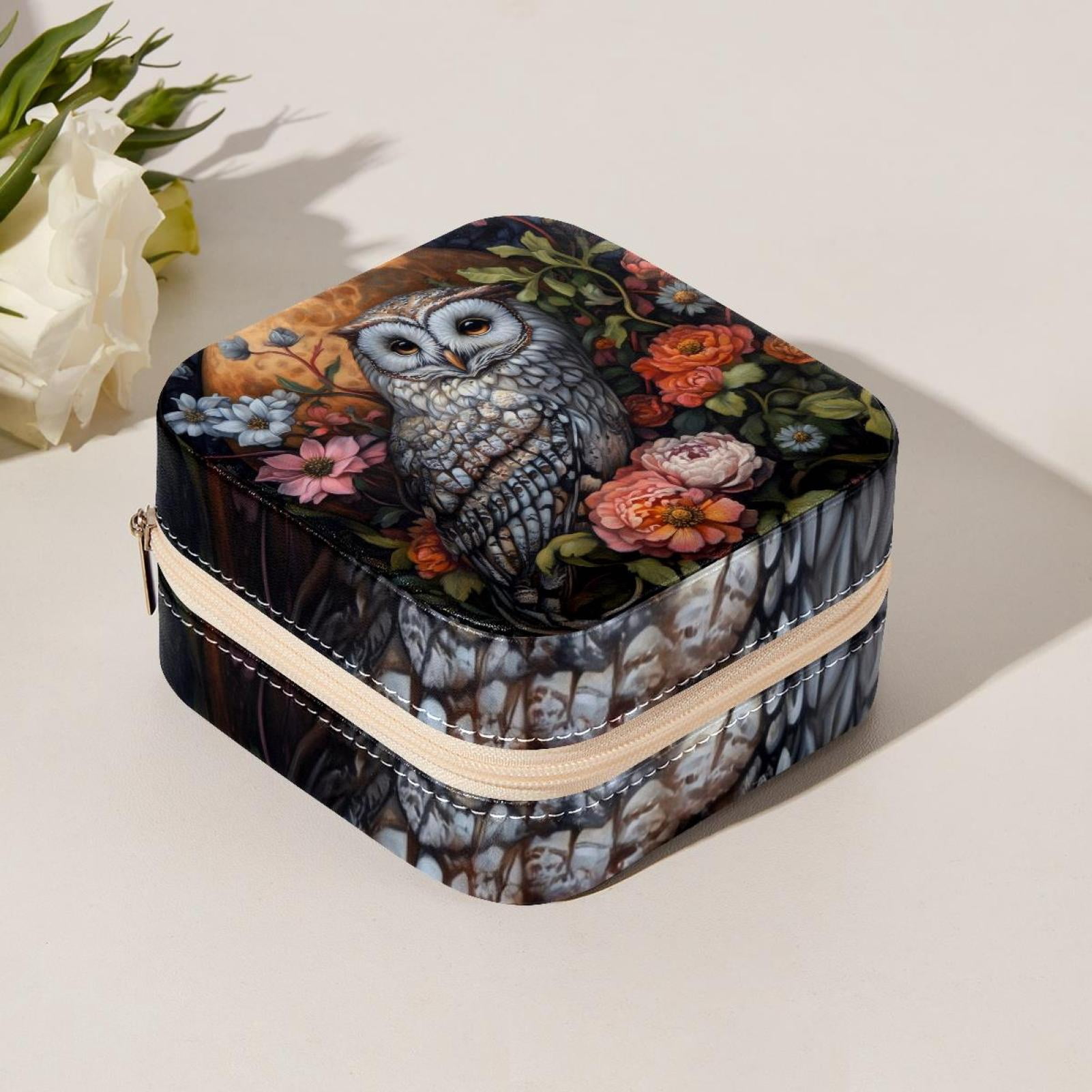 PhooArto Small Jewellery Box, Owl Flowers on the Moon Portable Travel Mini Jewelry Case for Women Leather Ring Organizer