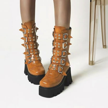 

Hvyes Boots Deals 2022 Platform Ankle Chelsea Boots Punk Style Winter Thick-Soled Belt Buckle Lug Sole Non-Slip Boots Women