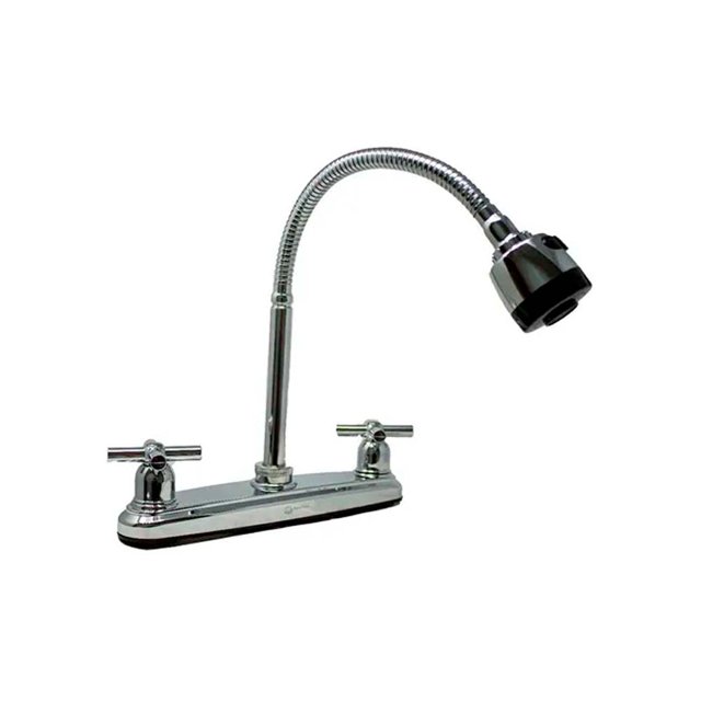 mezcladora para fregadero cocina cuello flexible cromado 195vc ROAL FLUX, base rectangular de montaje en cubierta con acabado plata; cuello flexible de acero inoxidable curvado y cabezal regulable con aireador que evita salpicaduras; manerales tipo cruceta y vástago de compresión visibles; adecuada también para instalar en áreas de lavado pequeñas.