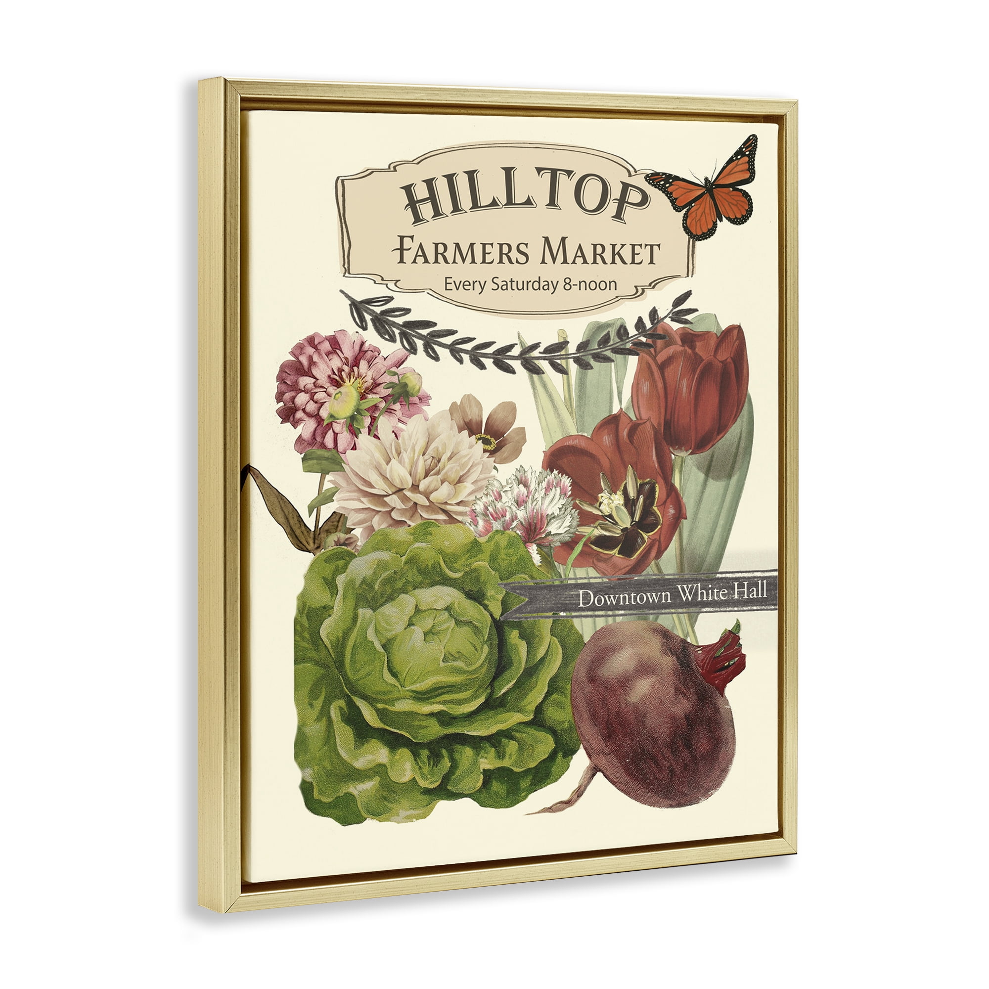 Stupell Industries Rustic Farmers Market Goods Plants & Flowers Painting Gold Floater Framed Canvas Art Print Wall Art, 25 x 31