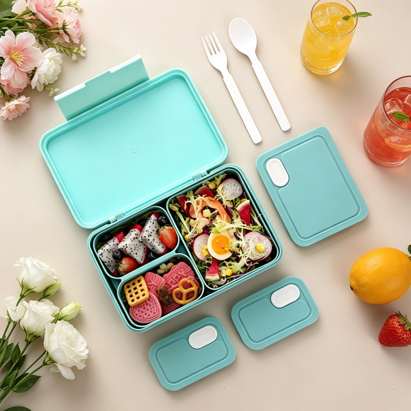 Microwave Lunch Box for Students Office Workers 1.2L Leakproof Food Storage Container with Cutlery Portable Bento Box for School Work Travel Meal Prep Compact Lunch Case Heat Safe Fresh Ready Set