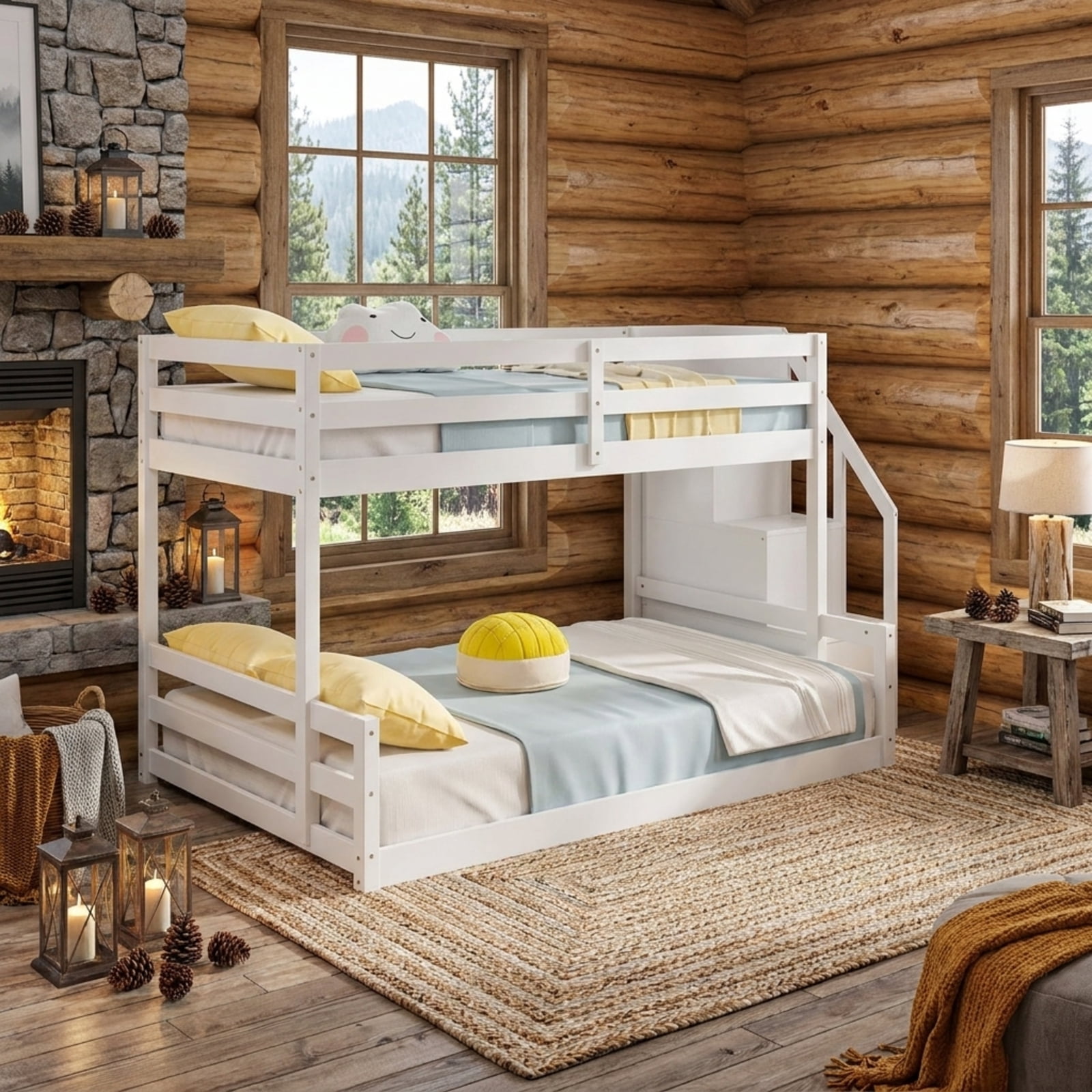 Furnibear Solid Wood Twin Over Full Low Bunk Bed with Storage Stairs and Headboard for Kids Bedroom Platform Sleep Space, White