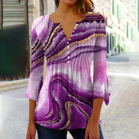 

Short Sleeve Shirts For Women Trendy Women s Casual Trumpet 3/4 Sleeve Printed Buttoned Basic Ruched Corset Tunic Tops Pleated T-shirts Blouses Womens Summer Tops 2023 Womens Tops Blouses For Women