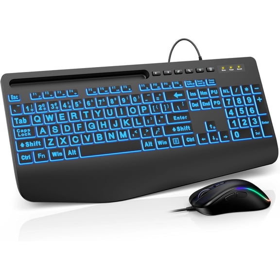 Wired Keyboard Mouse Combo - Large Print Backlit, Ergonomic Wrist Rest, 6 DPI RGB