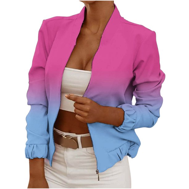 Chaqueta de manga larga con bolsillos para mujer, informal, sólida, abierta, frontal, con cremallera Pompotops qwe17284