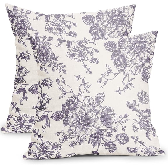 Vintage Floral Pillow Covers 18x18 Inch Set of 2 Lavender Purple and Cream Floral Throw Pillow Covers Chinoiserie Flower Pillowcases Rustic Farmhouse Cushion Covers for Couch Home Decor