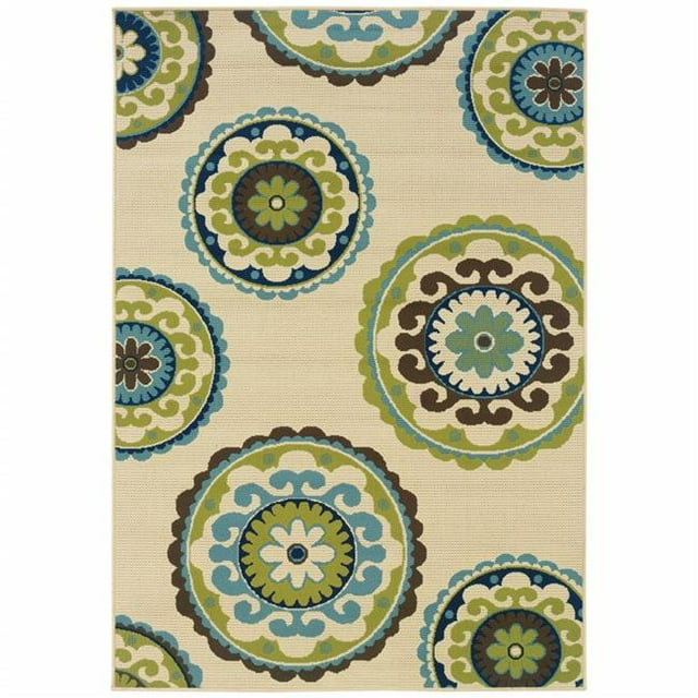 HomeRoots 384323 Tapis d'Intérieur et d'Extérieur 3 x 5 Pi. Indigo Ivoire & Lime Médaillon Disque