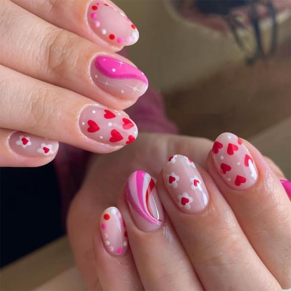 Pink Glitter Heart Press on Nails Medium Square Fake Nails Romantic Acrylic Glue on Nails Glossy Artificial Stick on Nails for Women Multicolor Valentines Design 1280