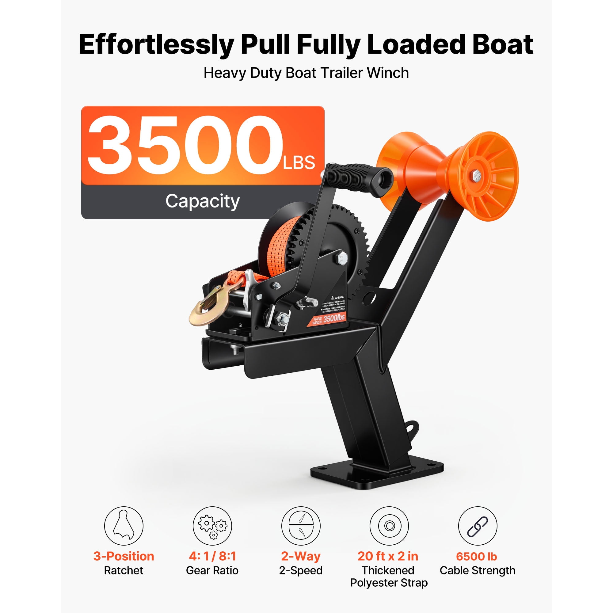 KFFKFF Boat Trailer Winch Stand with Roller, 3500 lbs Capacity, 20ft Durable Orange Polyester Strap, Winch Mount for 2-3 Inches Wide x 3-4 Inches High Trailer Tongue, Suitable for Jet Skis, Sailboats
