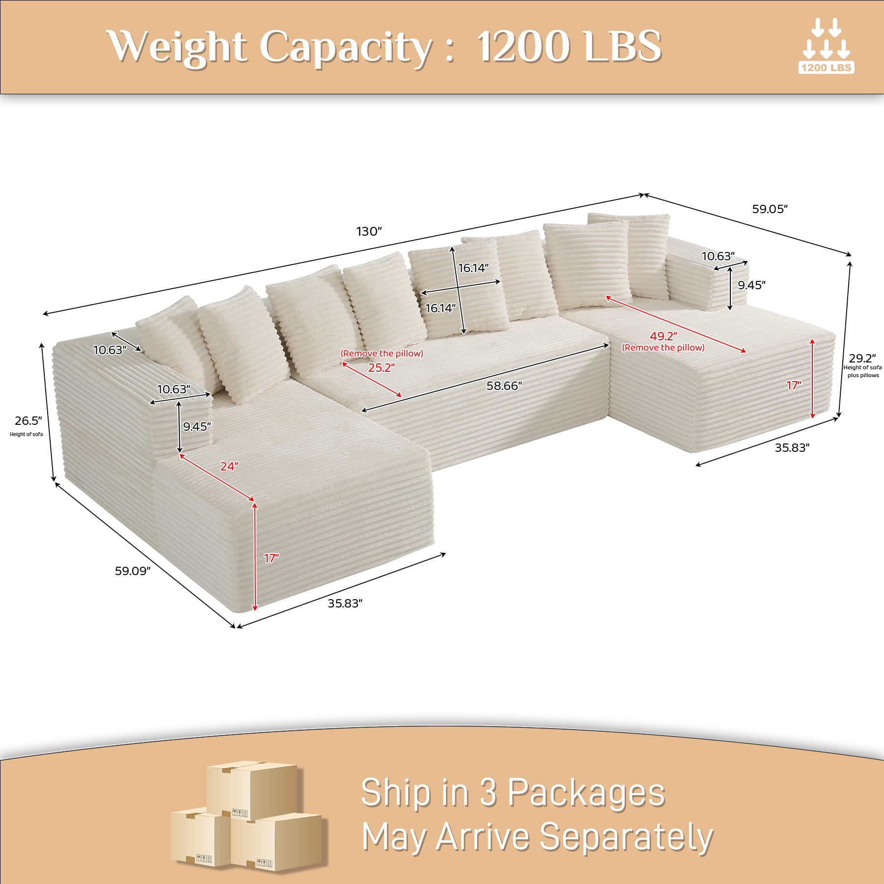 Wiilayok U Shaped Sectional Sofa,Modular Cloud Corduroy Sofa Couch with Extra Deep Seat for Living Room Sofa, No Assembly, Beige