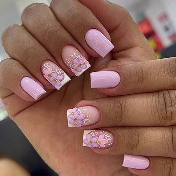 3D Flower Press on Nails Square Medium Fake Nails White French Tip False Nails with White Floral Designs Cute Acrylic Nails Press ons Summer Glue on Nails Reusable Stick on Nails for Women 24Pcs 10