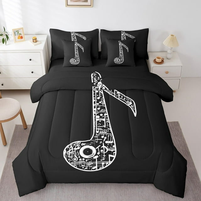 Abstract Musical Notes Bed in a Bag King Size Comforter Set 7 Pieces,Guitar Bedding Sets Modern Rock Music Sheet Set with Comforter,Fashion Hip Hop Bed Set