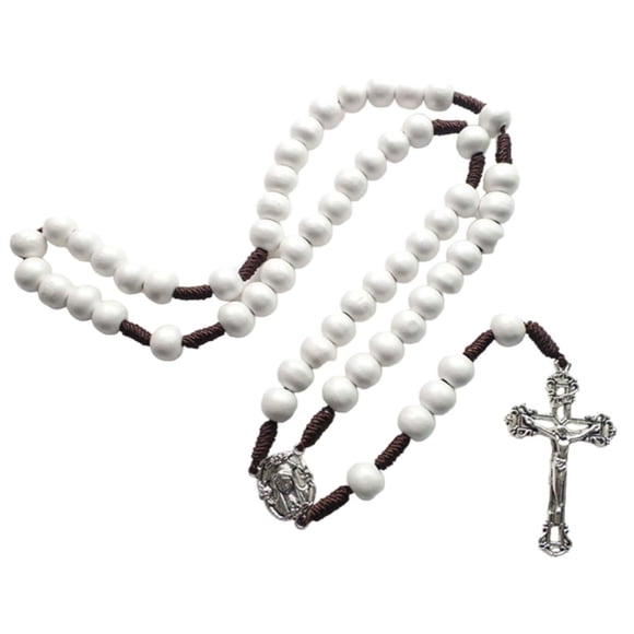 Rosario de madera VentDepot CatholicDivin04 1Pza 30cm 5.3x3.1cm Cruz Cuentas 10mm Blanco
