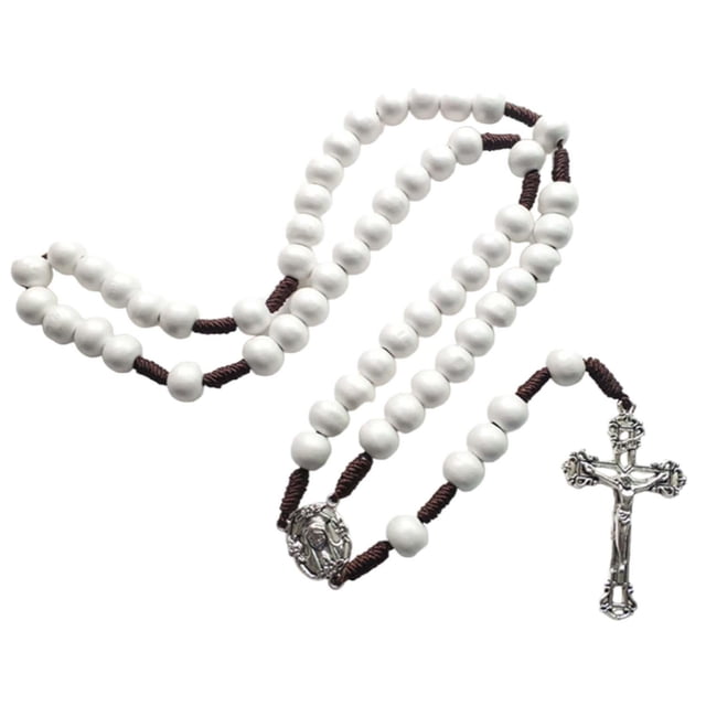 Rosario de madera VentDepot CatholicDivin04 1Pza 30cm 5.3x3.1cm Cruz Cuentas 10mm Blanco