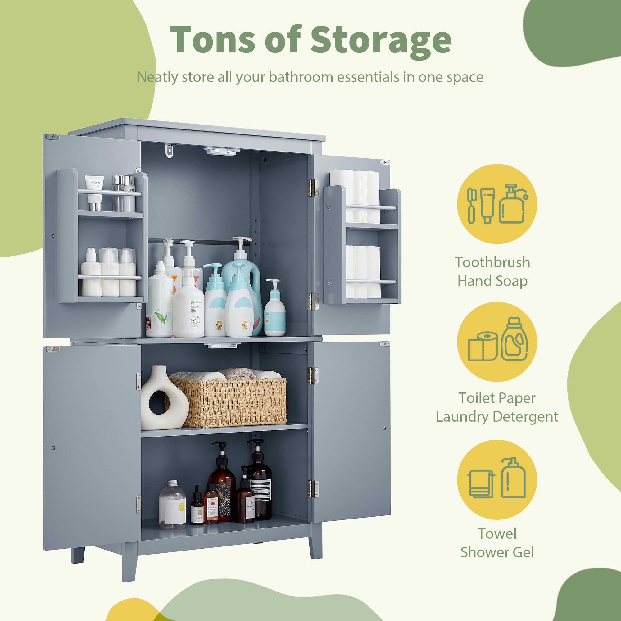 MAYEERTY Elegant Bathroom Cabinet Freestanding 4 Doors Adjustable Shelves Gray