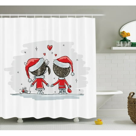 Christmas Shower Curtain, Soul Mates Love With Santa Costume Family Romance in Winter Night Picture Print, Fabric Bathroom Set with Hooks, Red White, by Ambesonne
